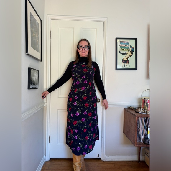 Vintage Dresses & Skirts - 90s Vintage Navy Blue Floral Midi Dress